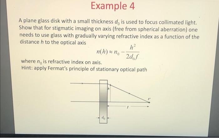 Example 4 A Plane Glass Disk With A Small Thickness Do Is Used To Focus Collimated Light Show That For Stigmatic Imaging 1