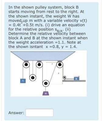 In The Shown Pulley System Block B Starts Moving From Rest To The Right At The Shown Instant The Weight W Has Moved U 1
