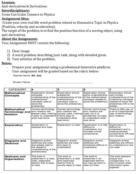 Lessons Anti Derivatives Derivatives Interdisciplinary Cross Curricular Connect To Physics Assignment Idea Create 1