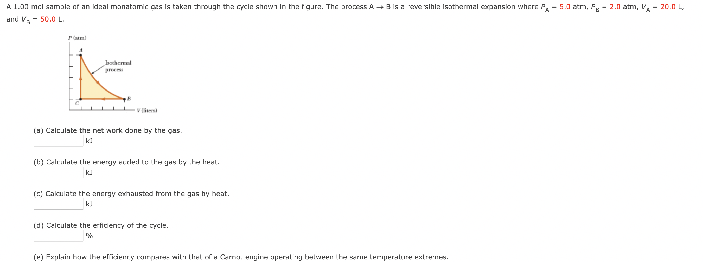 A 1 00 Mol Sample Of An Ideal Monatomic Gas Is Taken Through The Cycle Shown In The Figure The Process A B Is A R 1