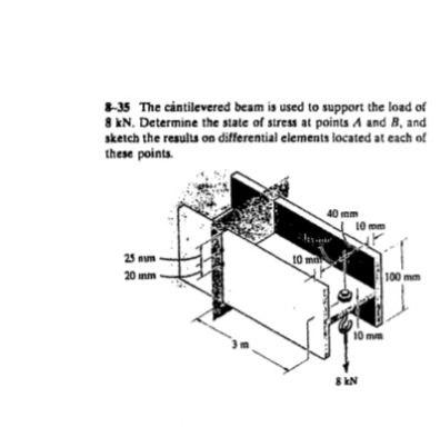8 35 The Cantilevered Beam Is Used To Support The Load Of 8 Kn Determine The State Of Stress At Points A And B And Ske 1