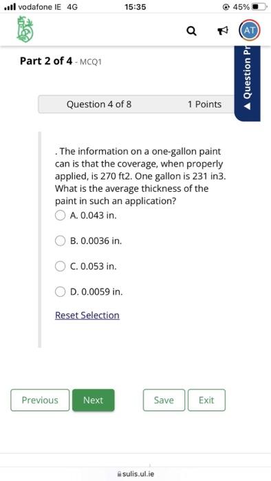 Il Vodafone Ie 4g 15 35 45 O V At Part 2 Of 4 Mcq1 A Question Pc Question 4 Of 8 1 Points The Information On A One 1