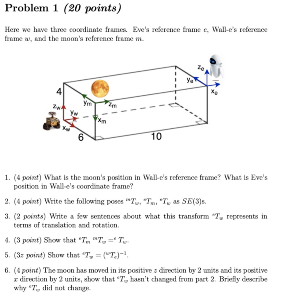 Problem 1 20 Points Here We Have Three Coordinate Frames Eve S Reference Frame E Wall E S Reference Frame W And The 1