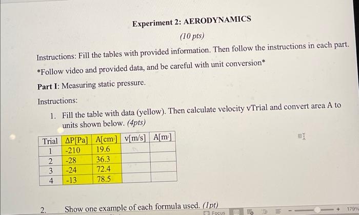 Experiment 2 Aerodynamics 10 Pts Instructions Fill The Tables With Provided Information Then Follow The Instruction 1