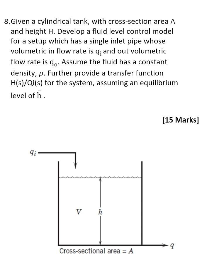 8 Given A Cylindrical Tank With Cross Section Area A And Height H Develop A Fluid Level Control Model For A Setup Whi 1