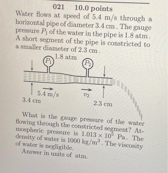 020 10 0 Points A Horizontal Pipe Of Diameter 0 903 M Has A Smooth Constriction To A Section Of Diameter 0 5418 M The D 2
