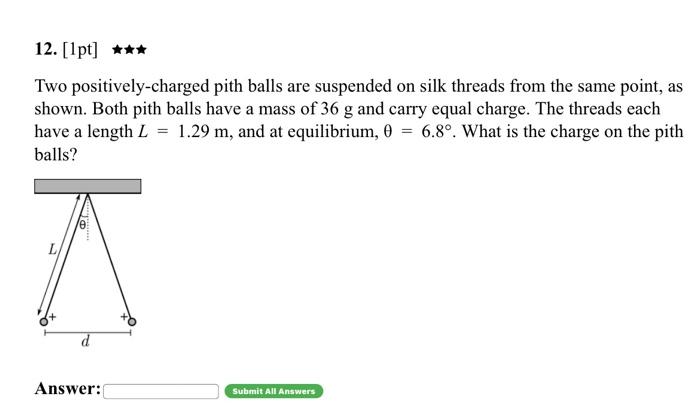 12 1pt Two Positively Charged Pith Balls Are Suspended On Silk Threads From The Same Point As Shown Both Pith B 1