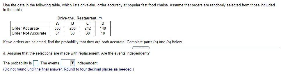 Use The Data In The Following Table Which Lists Drive Thru Order Accuracy At Popular Fast Food Chains Assume That Orde 1