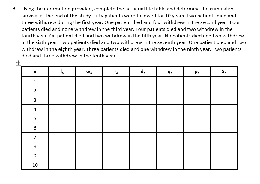 8 Using The Information Provided Complete The Actuarial Life Table And Determine The Cumulative Survival At The End Of 1