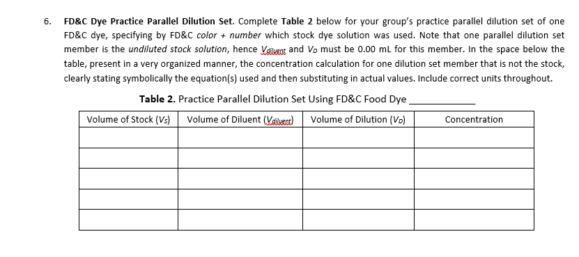 6 Fd C Dye Practice Parallel Dilution Set Complete Table 2 Below For Your Group S Practice Parallel Dilution Set Of 1