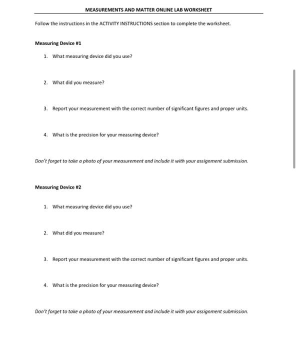 Measurements And Matter Online Lab Worksheet Follow The Instructions In The Activity Instructions Section To Complete Th 1
