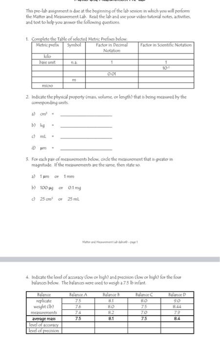 This Pre Lab Amignment Is Due At The Beginnitig Of The Lab Senion In Which You Will Perform The Matter And Measurement L 1