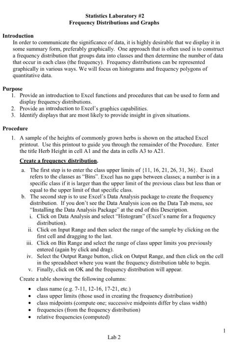 Statistics Laboratory 2 Frequency Distributions And Graphs Introduction In Order To Communicate The Significance Of Dat 1