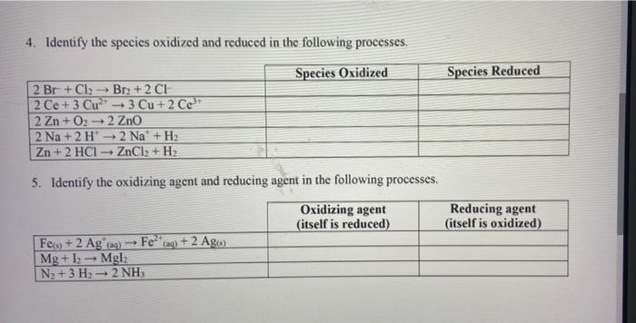 4 Identify The Species Oxidized And Reduced In The Following Processes Species Oxidized Species Reduced 2 Br Cl2 B 1