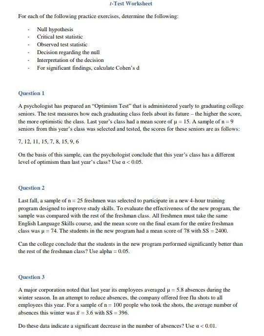 1 Test Worksheet For Each Of The Following Practice Exercises Determine The Following Null Hypothesis Critical Tes 1