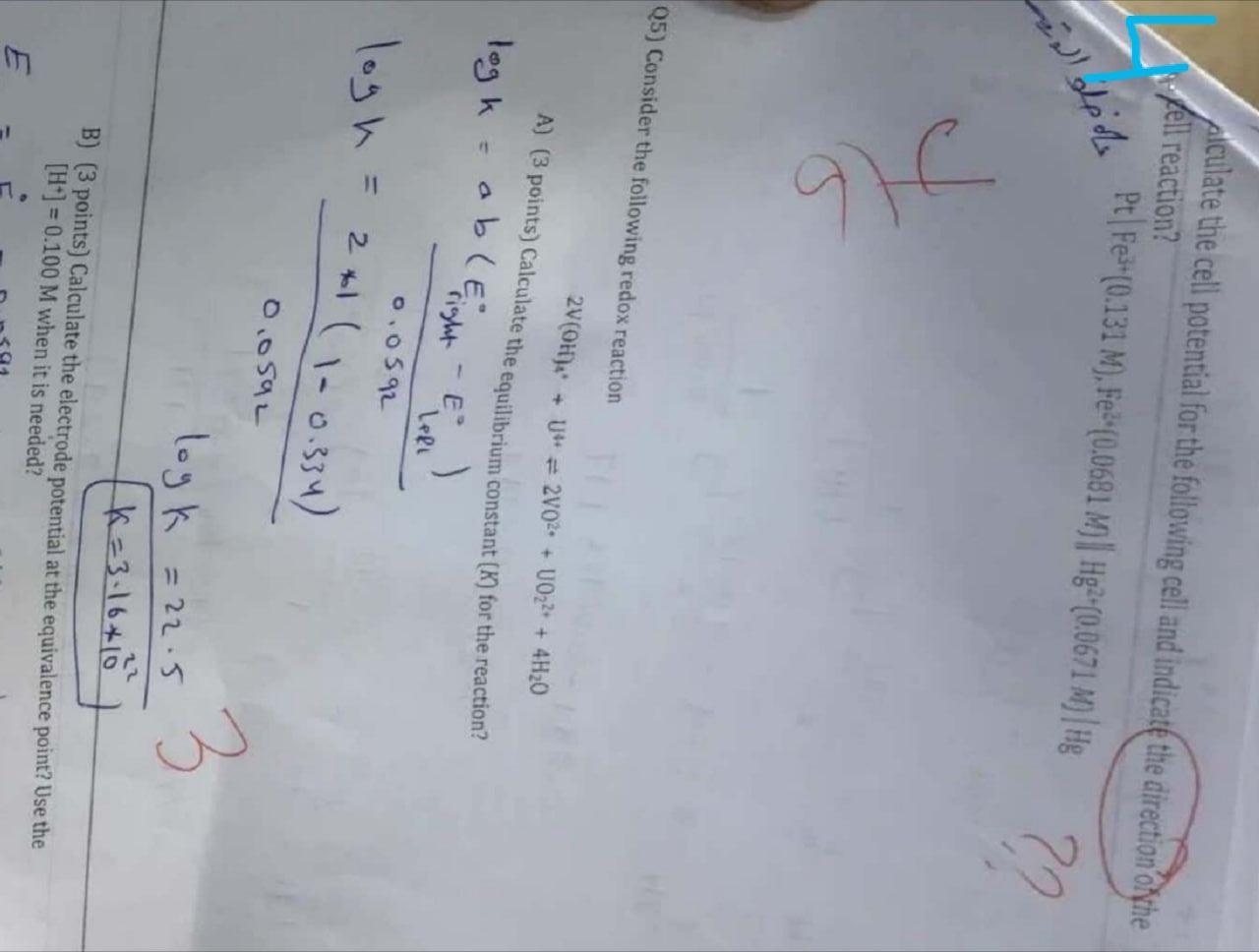 Alculate The Cell Potential For The Following Cell And Indicate The Direction Ofythe Kell Reaction Pt Fe3 0 131 M Fe 1