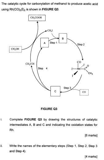 The Catalytic Cycle For Carbonylation Of Methanol To Produce Acetic Acid Using Rh Co 2 1 Is Shown In Figure Q3 Ch Coo 1