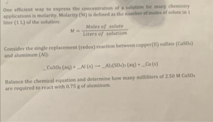 One Efficient Way To Express The Concentration Of A Solution For Many Chemistry Applications Is Molarity Molarity M I 1