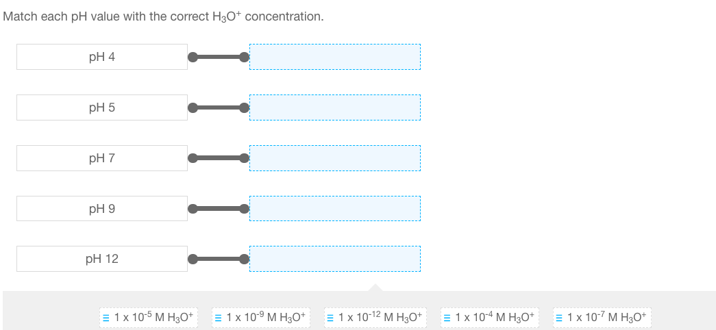 Match Each Ph Value With The Correct H30 Concentration Ph 4 Ph 5 Ph 7 Ph 9 Ph 12 1x 10 5 M H30 1 X 10 9 M H30 1 1