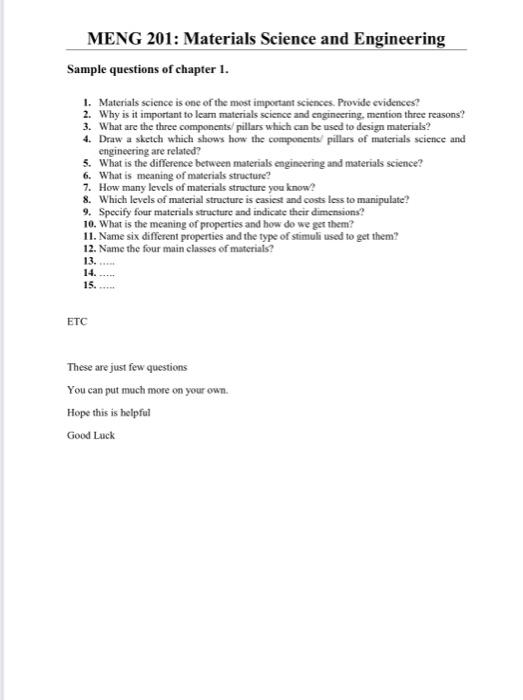 Meng 201 Materials Science And Engineering Sample Questions Of Chapter I 1 Materials Science Is One Of The Most Impor 1