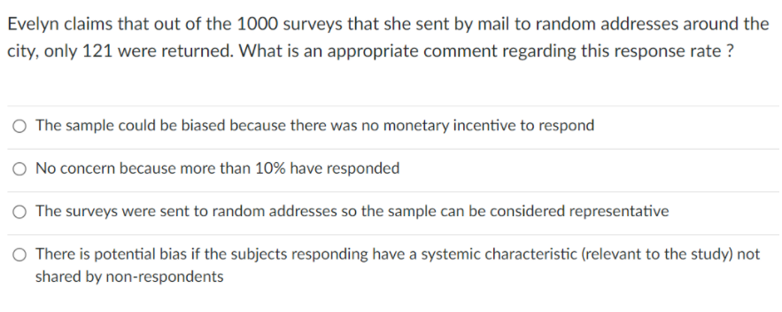 Evelyn Claims That Out Of The 1000 Surveys That She Sent By Mail To Random Addresses Around The City Only 121 Were Retu 1