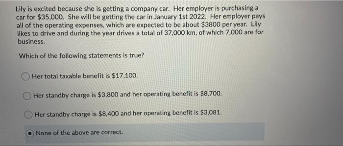 Lily Is Excited Because She Is Getting A Company Car Her Employer Is Purchasing A Car For 35 000 She Will Be Getting 1