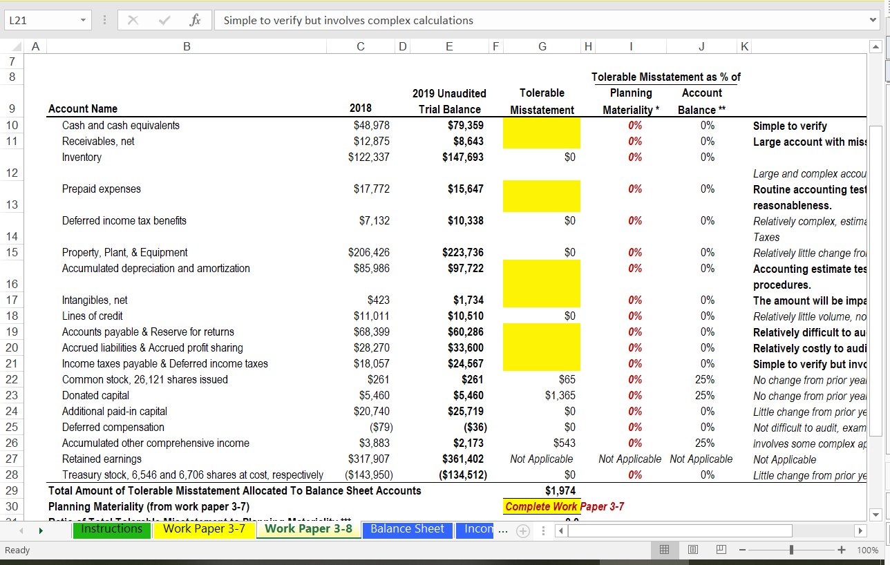 In This Mini Case You Will Determine Overall Materiality As Well As Tolerable Misstatement Amounts For Balance Sheet Acc 1