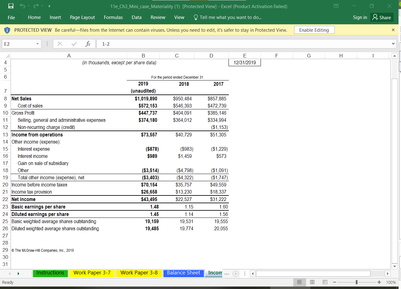 In This Mini Case You Will Determine Overall Materiality As Well As Tolerable Misstatement Amounts For Balance Sheet Acc 2