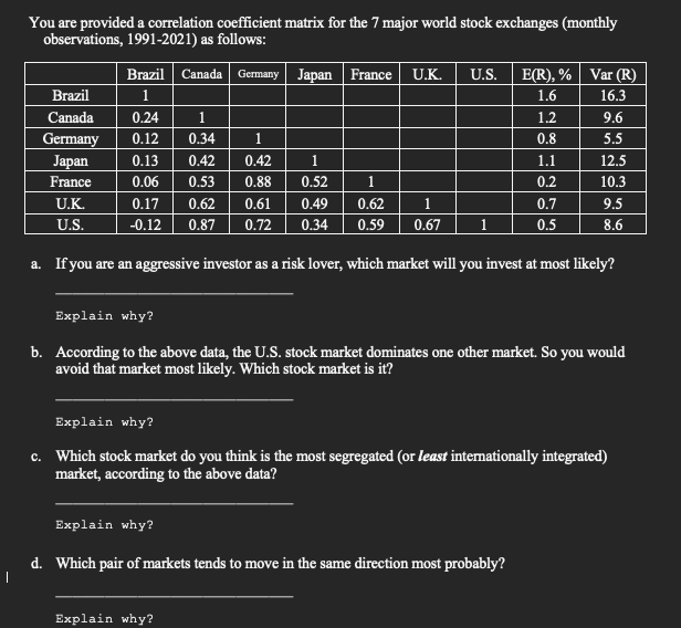 You Are Provided A Correlation Coefficient Matrix For The 7 Major World Stock Exchanges Monthly Observations 1991 2021 1