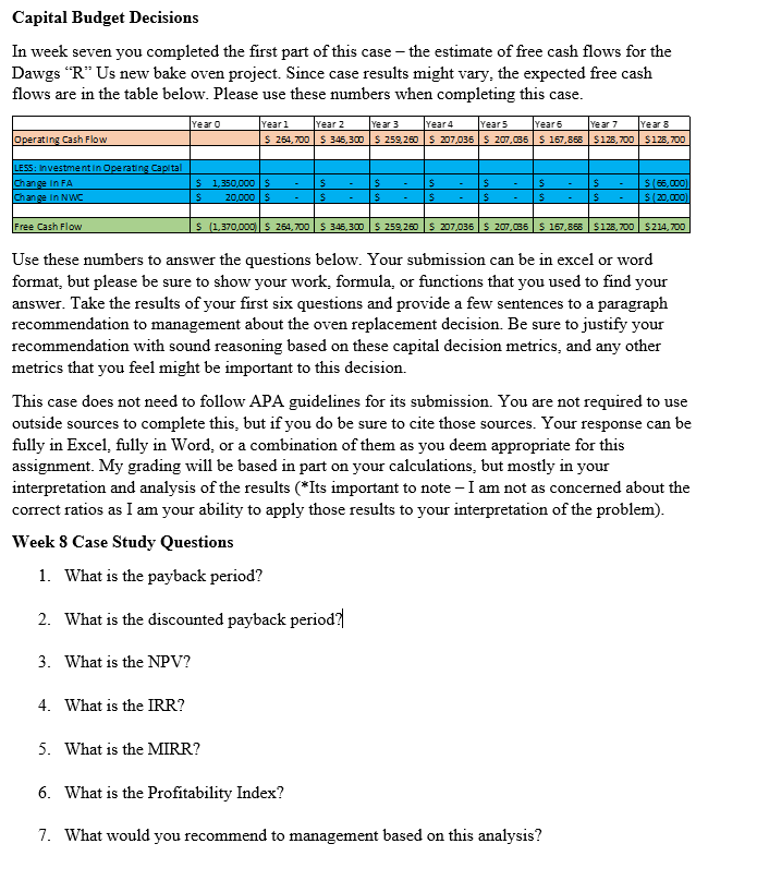 Capital Budget Decisions In Week Seven You Completed The First Part Of This Case The Estimate Of Free Cash Flows For T 1