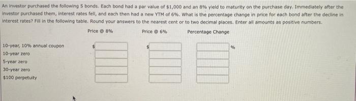 An Investor Purchased The Following 5 Bonds Each Bond Had A Par Value Of 1 000 And An 8 Yield To Maturity On The Purc 1