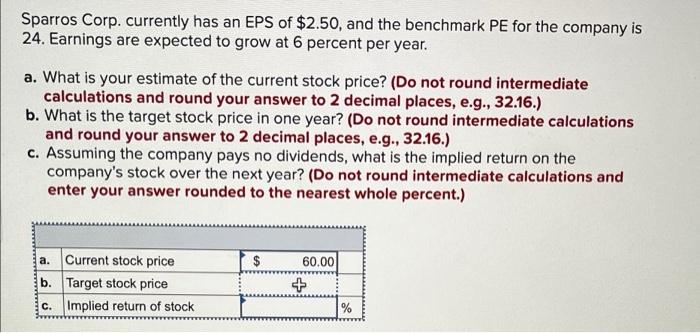 Sparros Corp Currently Has An Eps Of 2 50 And The Benchmark Pe For The Company Is 24 Earnings Are Expected To Grow A 1