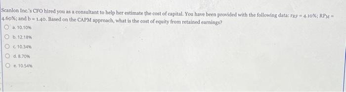 Scanlon Inc S Cfo Hired You As A Consultant To Help Her Estimate The Cost Of Capital You Have Been Provided With The F 1