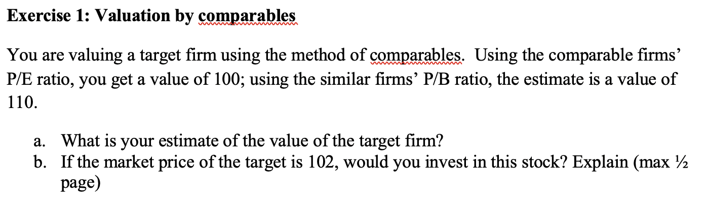 Exercise 1 Valuation By Comparables You Are Valuing A Target Firm Using The Method Of Comparables Using The Comparable 1