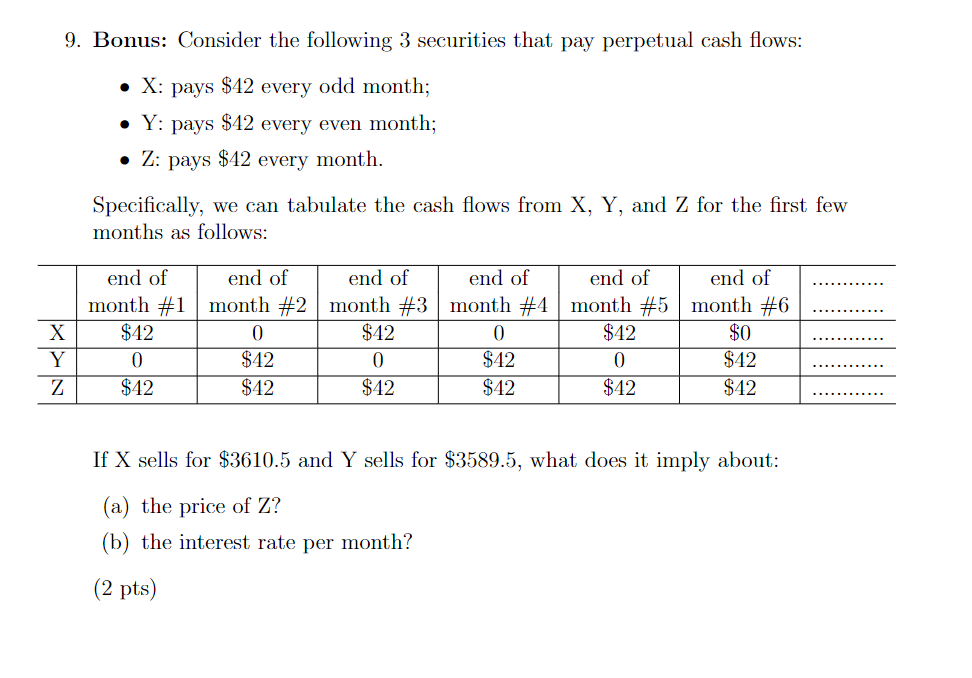 9 Bonus Consider The Following 3 Securities That Pay Perpetual Cash Flows X Pays 42 Every Odd Month Y Pays 4 1