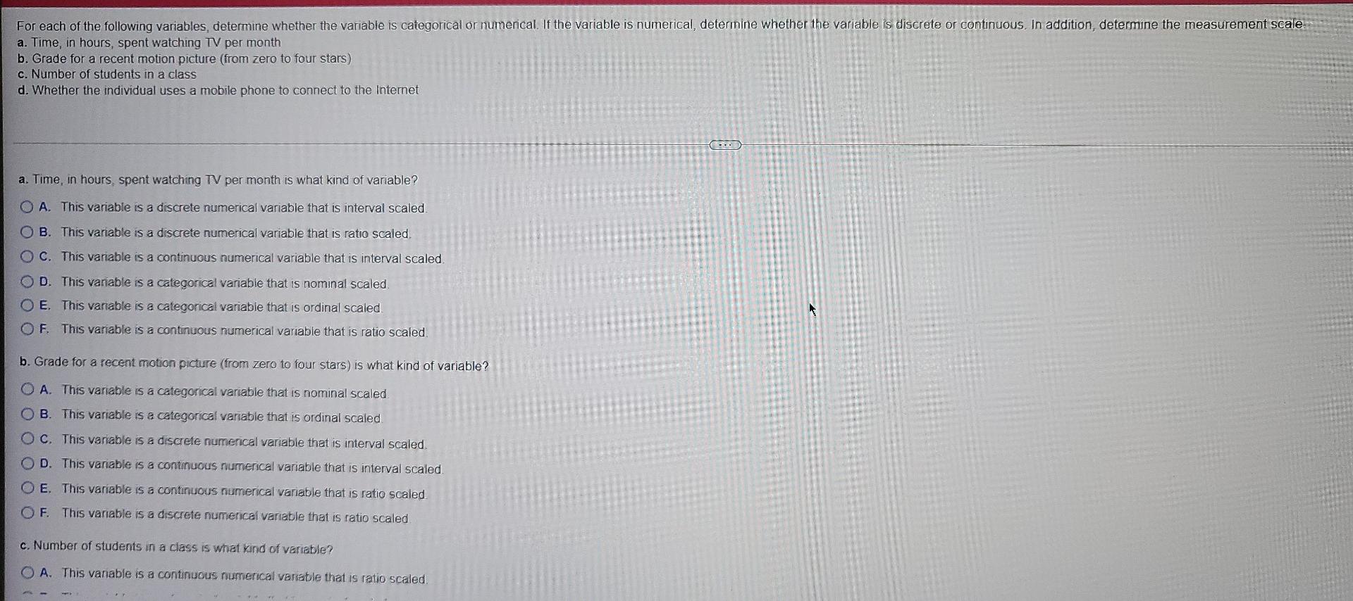 For Each Of The Following Variables Determine Whether The Variable Is Categorical Or Numerical If The Variable Is Numer 1