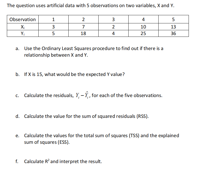 The Question Uses Artificial Data With 5 Observations On Two Variables X And Y 2 3 4 5 Observation Xi Yi 1 3 5 7 18 2 1