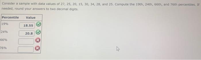 Consider A Sample With Data Values Of 27 25 20 15 30 34 28 And 25 Compute The 19th 24th 66th And 76th Percent 1