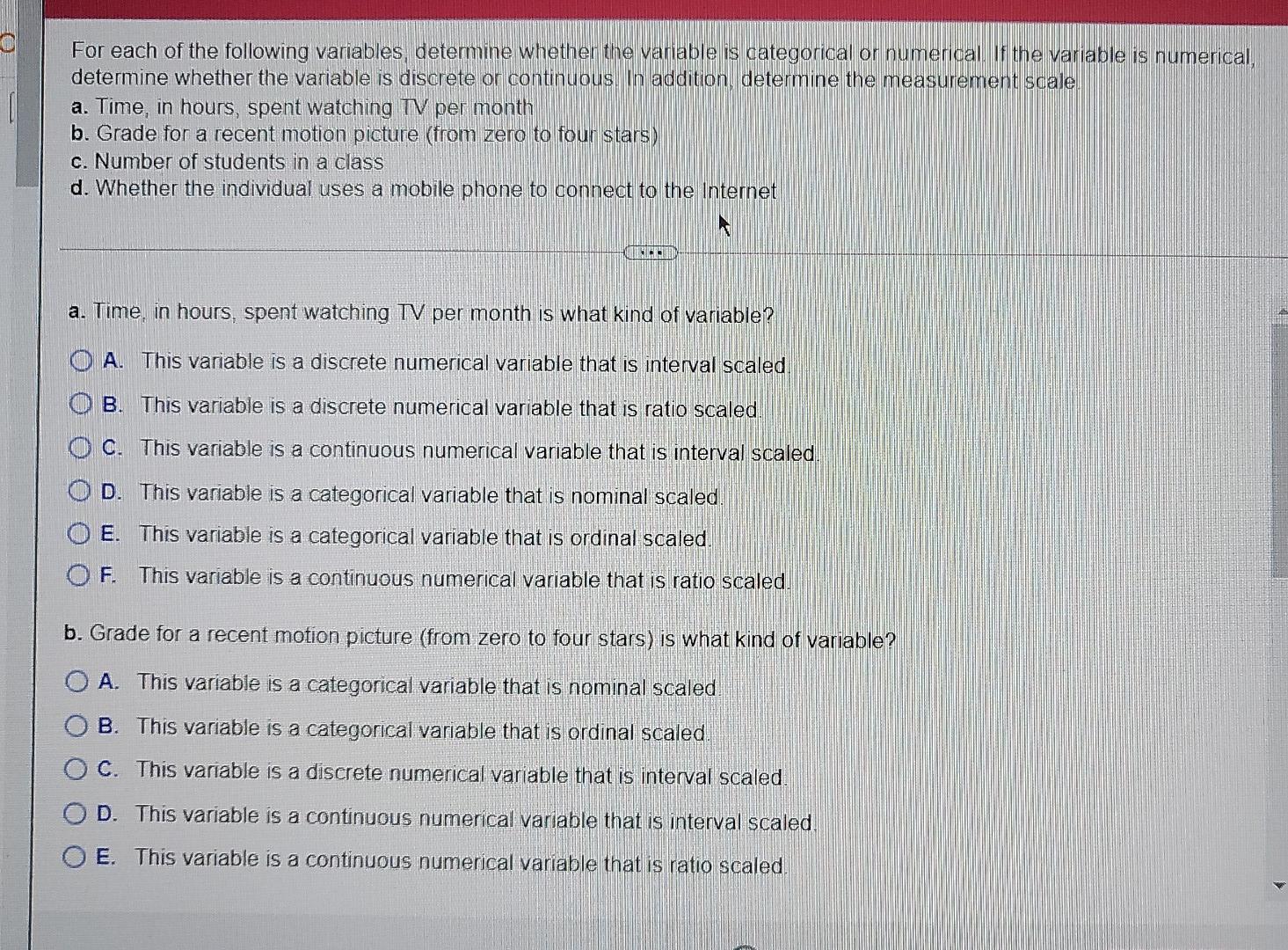For Each Of The Following Variables Determine Whether The Variable Is Categorical Or Numerical If The Variable Is Numer 1