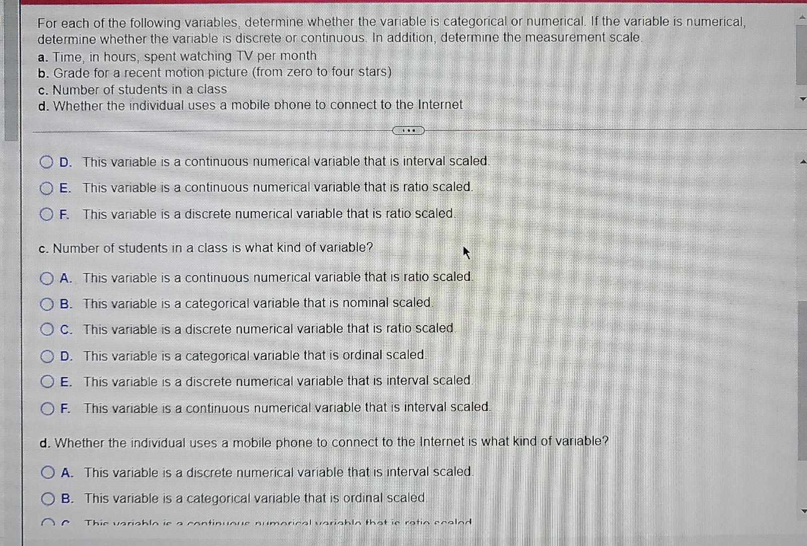 For Each Of The Following Variables Determine Whether The Variable Is Categorical Or Numerical If The Variable Is Numer 3