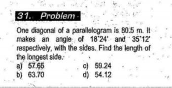 31 Problem One Diagonal Of A Parallelogram Is 80 5 M It Makes An Angle Of 18 24 And 35 12 Respectively With The Side 1