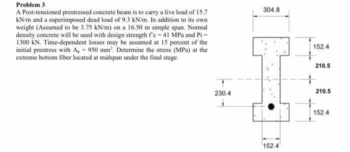 304 8 Problem 3 A Post Tensioned Prestressed Concrete Beam Is To Carry A Live Load Of 15 7 Kn M And A Superimposed Dead 1