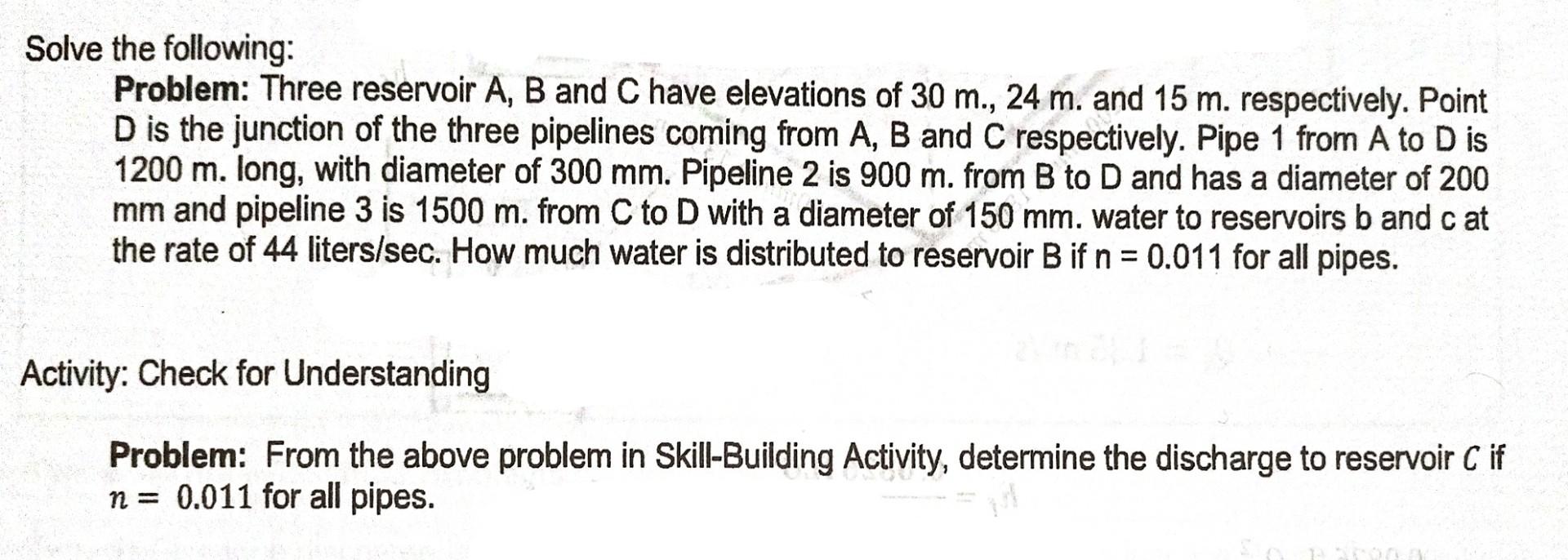 Solve The Following Problem Three Reservoir A B And C Have Elevations Of 30 M 24 M And 15 M Respectively Point D 1