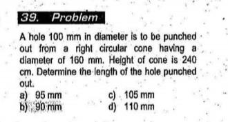 39 Problem A Hole 100 Mm In Diameter Is To Be Punched Out From A Right Circular Cone Having A Diameter Of 160 Mm Heigh 1