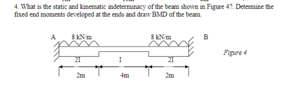 4 What Is The Static And Kinematic Indeterminacy Of The Beam Shown In Figure 4 Determine The Fixed End Moments Develop 1