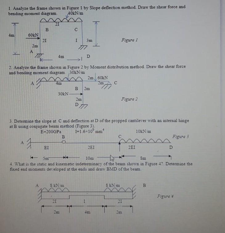 1 Analyze The Frame Shown In Figure 1 By Slope Deflection Method Draw The Shear Force And Bending Moment Diagram 40kn 1