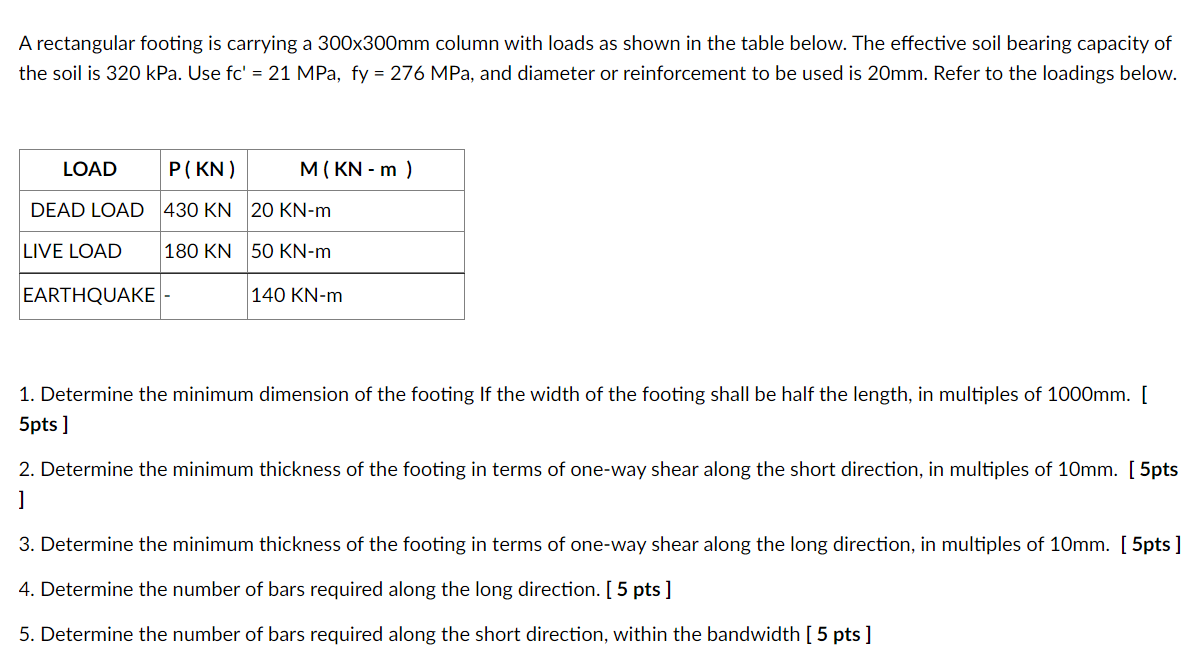 A Rectangular Footing Is Carrying A 300x300mm Column With Loads As Shown In The Table Below The Effective Soil Bearing 1