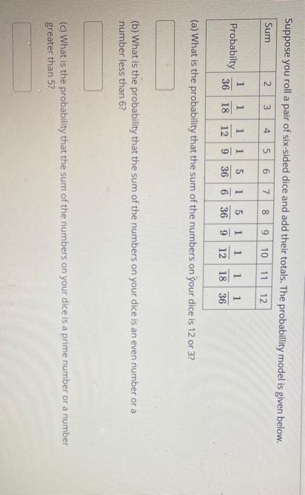 Suppose You Roll A Pair Of Six Sided Dice And Add Their Totals The Probabillity Model Is Given Below Sum 2 3 4 5 6 7 8 1