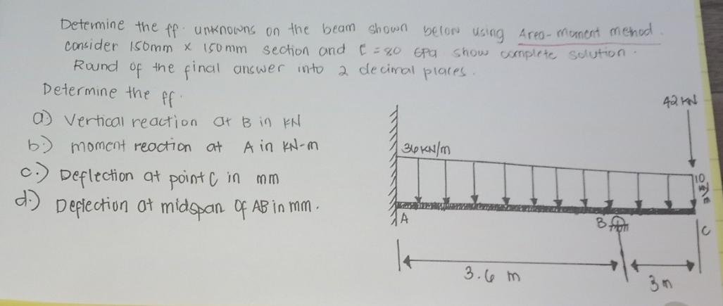 Determine The Ff Unknowns On The Beam Shown Belon Using Area Riament Method Consider Somm X 150 Mm Section And C 90 1
