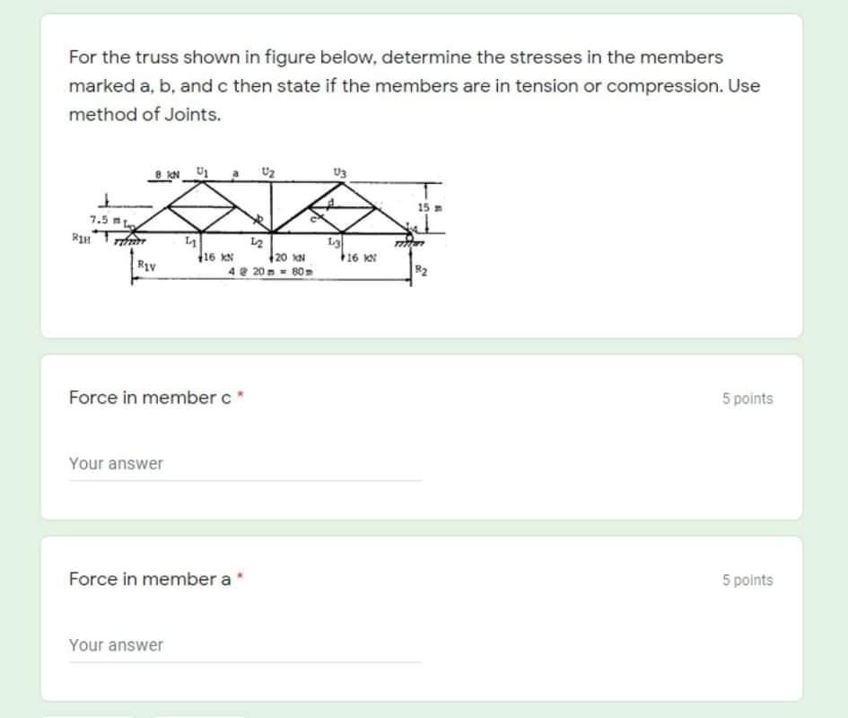 For The Truss Shown In Figure Below Determine The Stresses In The Members Marked A B And C Then State If The Members 1